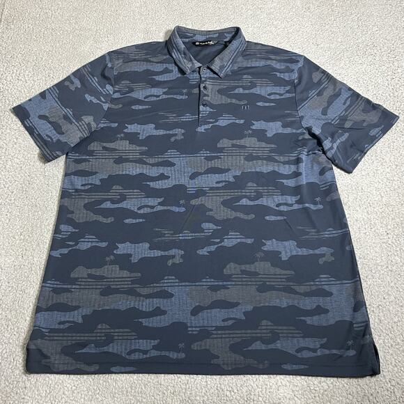 Travis Mathew Polo Shirt Mens 3XL Blue Camo Performance Golf Logo Stretch - Picture 2 of 9